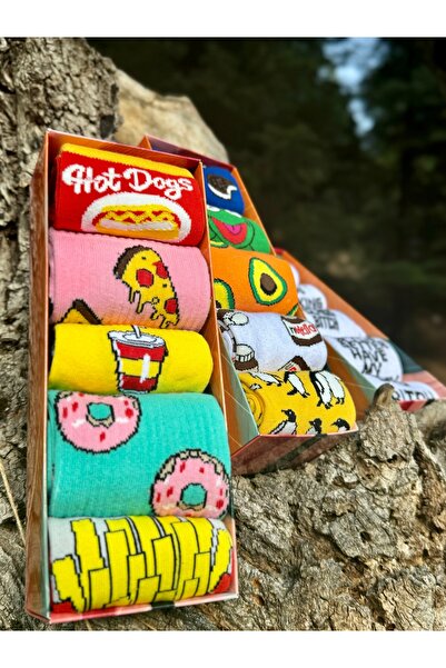 MODA 5'li Kutulu Fast Food Sosis Patates Pizza Desenli Renkli Eğlenceli Soket Çorap Set
