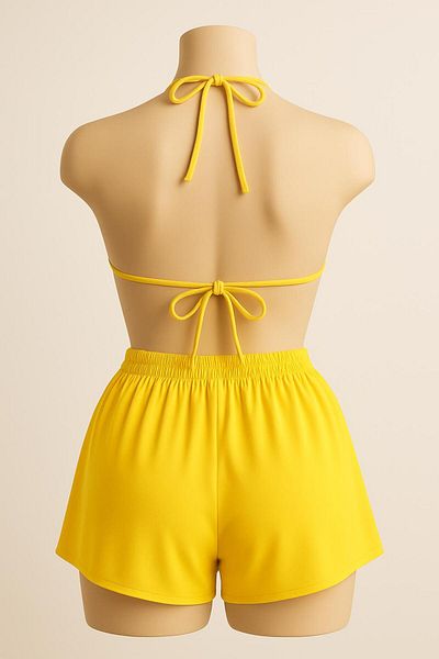 Stail Moda Women's Yellow and Blue 2-Piece Side and Neck Tie Shorts Triangle Bikini Nightdress Sea Suit