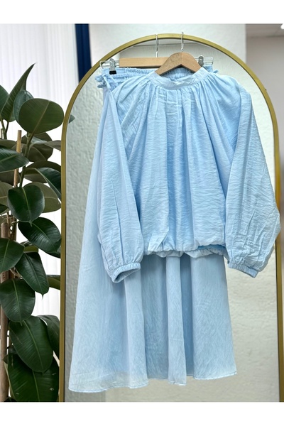 MİHRA STORE Miruna Wavy Linen Voile Balloon Sleeve Skirt Suit-Mf1794 Blue