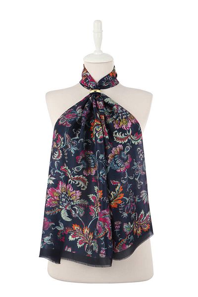 Bursa İpek Navy Blue Floral Pattern Voile Silk Scarf
