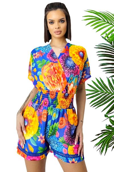 FashionForYou Salopetă scurtă Yonela, cu imprimeu floral și detalii brodate, Albastru, M
