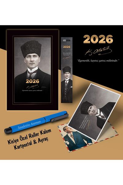 Mor kelebek Химикалка с пощенска картичка с логото на Ататюрк за 2026 г. и сърце - синя