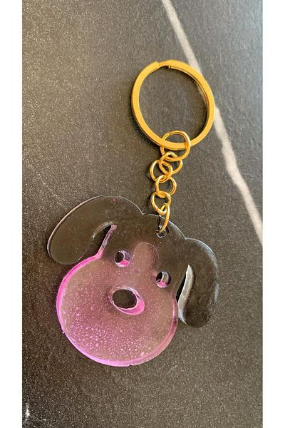MISS GOLDEN Lilac Black Dog Face Keychain Handmade Handmade Epoxy Gift