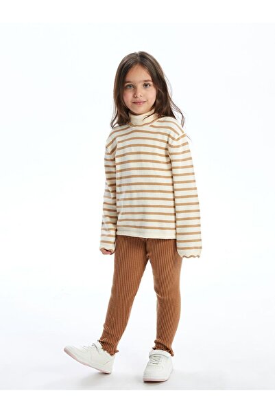 LC Waikiki Brown Stand Collar Striped Girls' Sweater and Leggings 2-Piece
