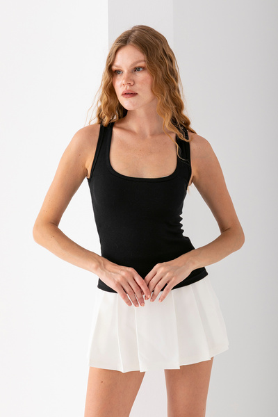 lidya lingerie ELOS Kadın Siyah Fitilli Kalın Askılı Havuz Yaka Basic Atlet 30001