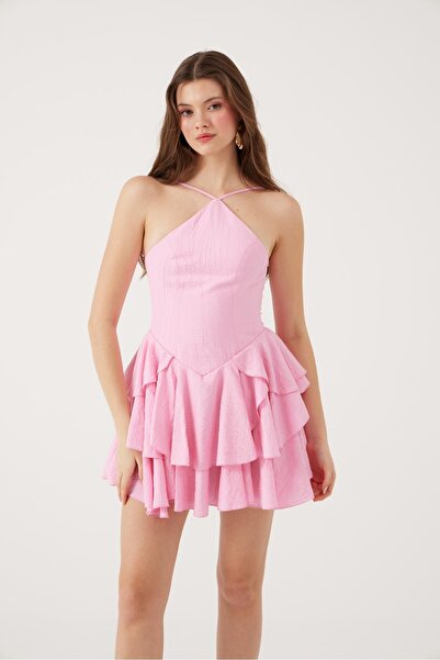 HOLLY LOLLY Fırfırlı Halter Yaka Mini Keira Elbise Pembe