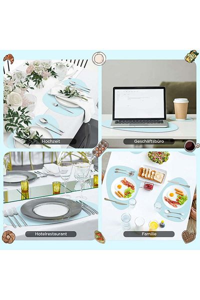OEM Set de 6 șervețele și 6 suporturi pentru pahare K Kumeed, piele artificială, albastru deschis/gri, 31 x 40 cm / 13 cm