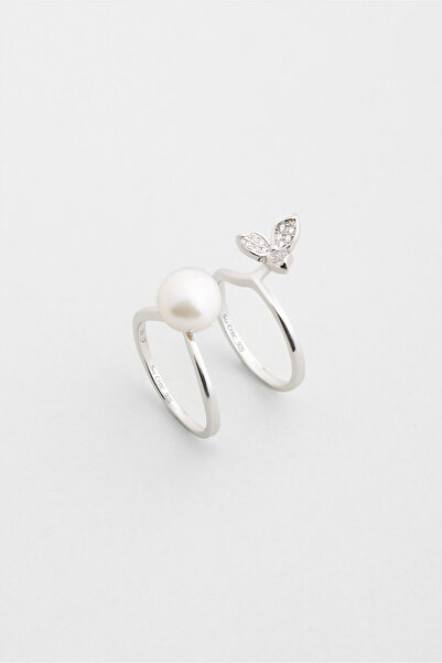 So CHIC... İnci Yaprağı 18 Ayar Beyaz Altın Kaplama Gümüş İkili Yüzük
