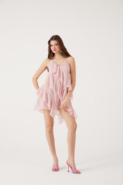 HOLLY LOLLY Ruffled Halter Neck Mini Lea Dress Pink