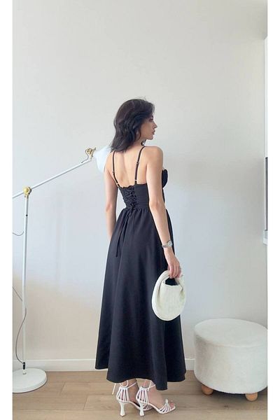 LOCH BUTİK Black Strap Gloplu Maxi Dress