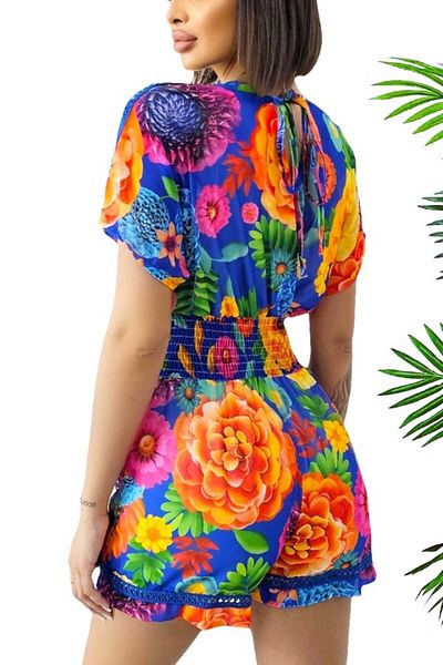 FashionForYou Salopetă scurtă Yonela, cu imprimeu floral și detalii brodate, Albastru, M