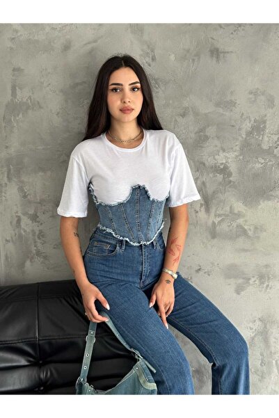 Ergün DAME Corset din denim pentru femei, cu detalii bumbac moale tricou