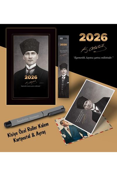 Mor kelebek Химикалка с пощенска картичка с логото на Ататюрк за 2026 г. и сърце - сива