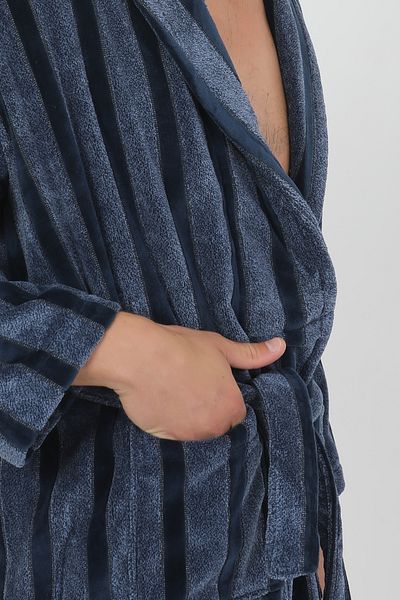Homelover 100% Cotton Special Design Extra Soft Dark Blue Striped Navy Blue Shawl Men's Bathrobe