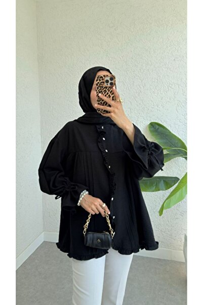 BisuModa Kolari Linen Shirt with Ruffle and Tie Detail