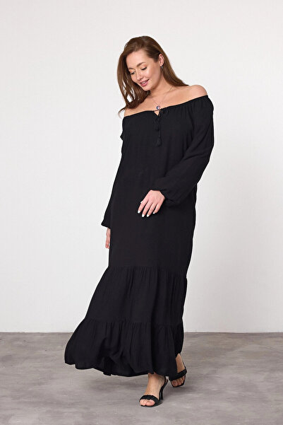 hazelin Women's Black Madonna Collar Sleeve Elastic Long Viscose Dress Hzl25S-Vm10331