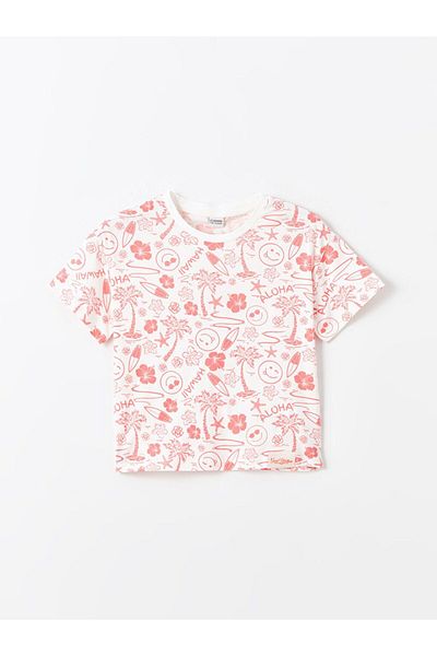 LC Waikiki Ecru Crew Neck Printed Short Sleeve Girl's Crop T-Shirt