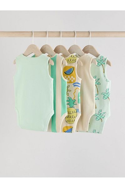 Next Baby 100% Cotton Green Striped Pineapple Patterned 5-Piece Bodysuit Set
