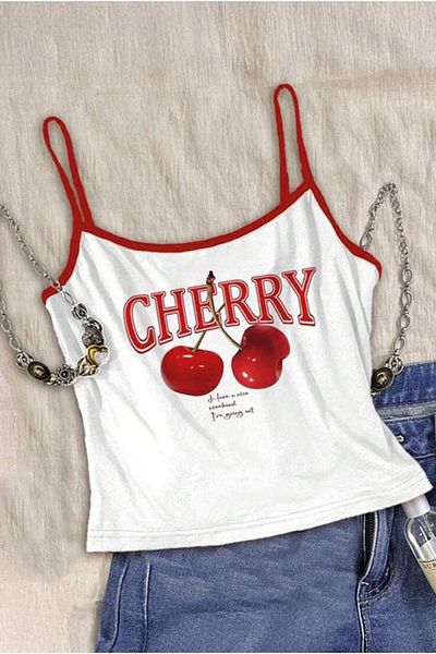 Wisevelya White Cherry Bomb Y2K Red Strap Crop