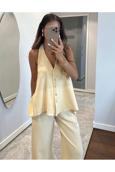 My Blog Yellow Back Rope Tie Detailed Blouse Trousers Set - 30379