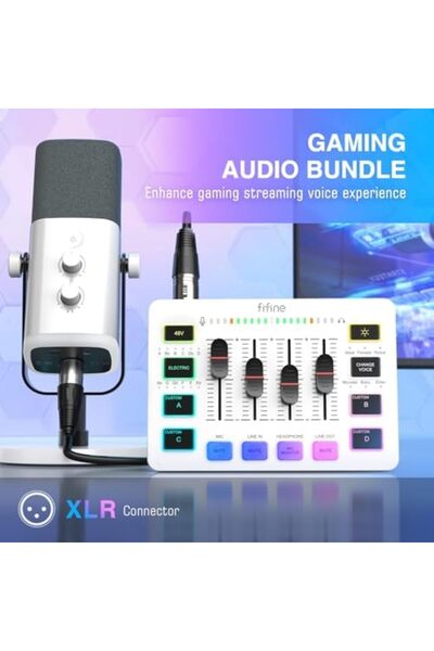 Fifine Gaming Equipment Bundle, XLR/USB Streaming Dynamic Microphone with Audio Mixer Set, Podcast R