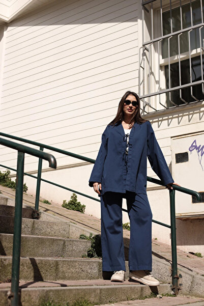 Butik CAMELYA - PANTOLON KİMONO TAKIM - ÖNÜ BAĞLAMALI - İNDİGO RENK - GABARDİ...