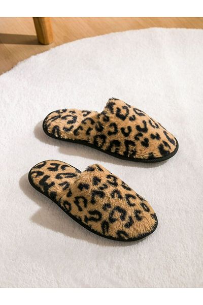 LC Waikiki Beige Women's Leopard Patterned Plush House Slippers
