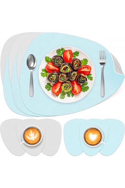 OEM Set de 6 șervețele și 6 suporturi pentru pahare K Kumeed, piele artificială, albastru deschis/gri, 31 x 40 cm / 13 cm