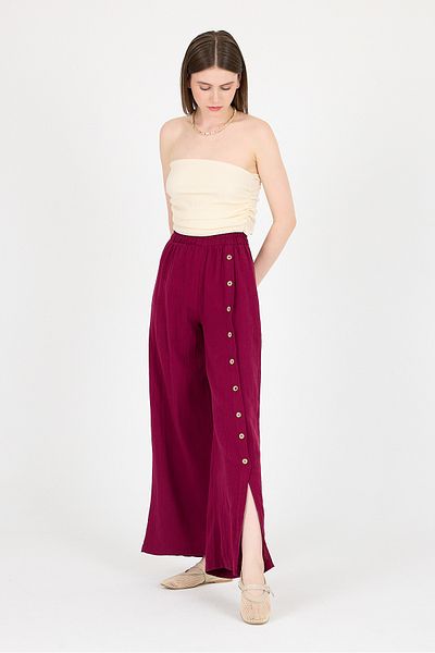 Rays Burgundy 100% Cotton Muslin Side Buttoned Slit Wide Leg Trousers 4704A