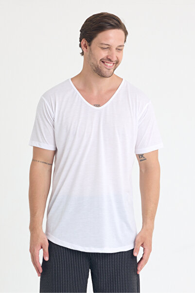 THE ONE Ανδρικό μπλουζάκι με λαιμόκοψη σε σχήμα V από βισκόζη οβάλ κοπής Basic T-Shirt