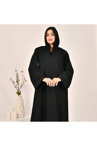HAWRAA Black quarter-circle wrap abaya with patterned fabric inserts