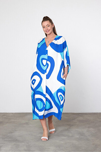 hazelin Rochie cămașă cu nasturi de mărime mare cu model alb albastru pentru femei HZL25S-VM19051