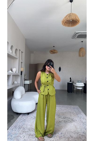 Buket Teke Olive Buttoned Vest Suit