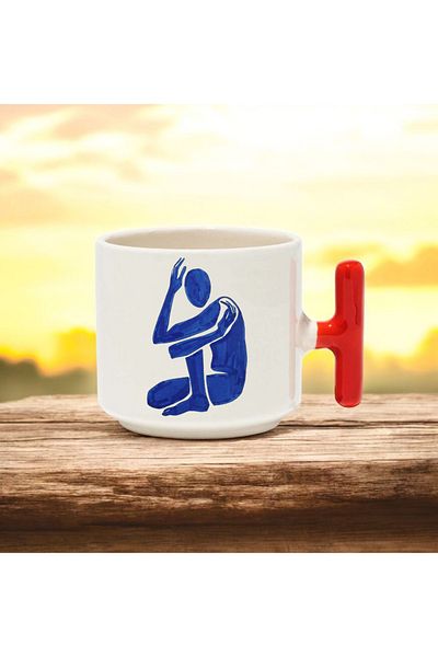 BB TRADE Blue Man Designed Red t Handled Ceramic Printed Mug Cup 250 ml
