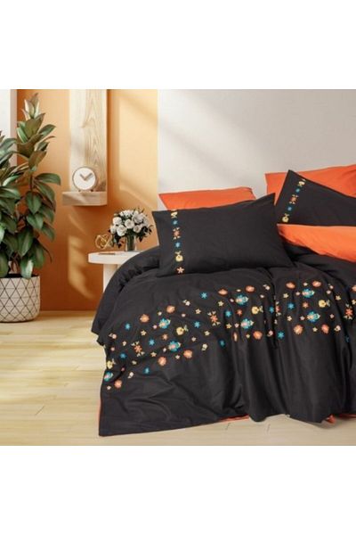 Cotton Box Double Bed Linen with Handcrafted Floral Embroidery, Cotton Box, Liker Black/Caramiziu