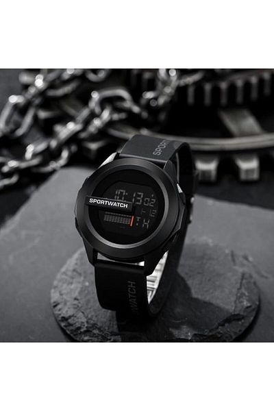 Generic Digital Sports Watch, LED Display, Waterproof, Black Silicone Band, Stopwatch and Alarm Functions