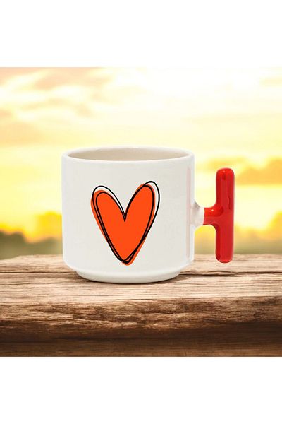 BB TRADE Orange Heart Designed Red t Handled Ceramic Printed Mug Cup 250 ml