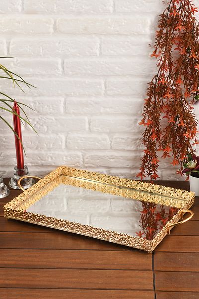HELVACIOĞLU AKSESUAR Coffee, Tea, Chocolate Promise and Engagement Presentation Tray with Mirror and Handle 32X43 cm
