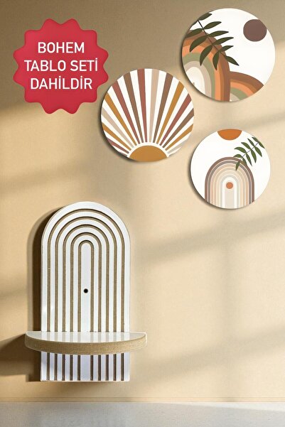 varje Semplice Duvar Rafı Seti Ve Dekoratif Oval 3 Parça Tablo