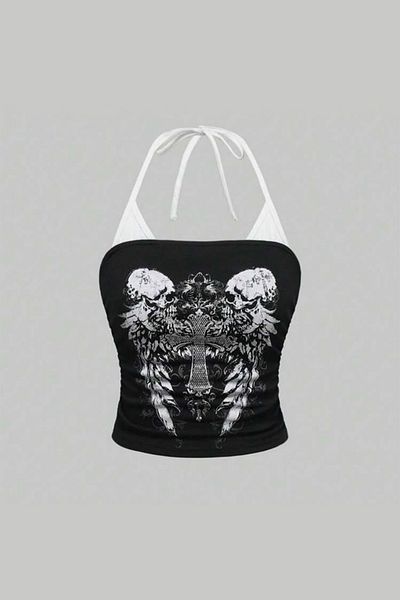 Karakedi Crop cu curea Y2K cu craniu gotic negru dublu Cros alb