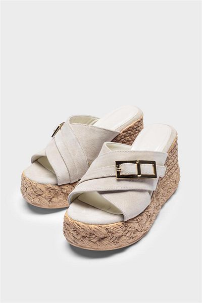 Milaura Women's Cream Suede Genuine Leather Filled Heel Slippers 20485