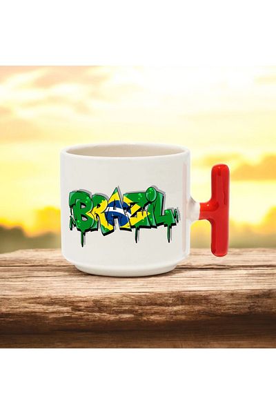 BB TRADE Brazil Green Designed Red t Handle Ceramic Printed Mug Cup 250 ml