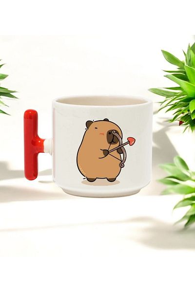 BB TRADE Capybara Archer Designed Red t Handle Ceramic Printed Mug 250 ml