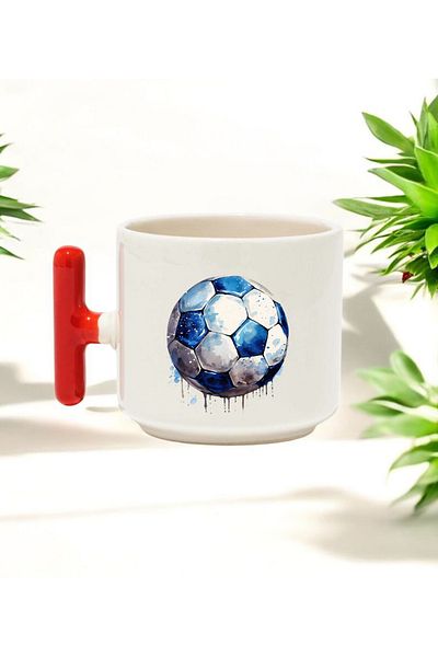 BB TRADE Football Ball Designed Red t Handle Ceramic Printed Trophy Cup 250 ml