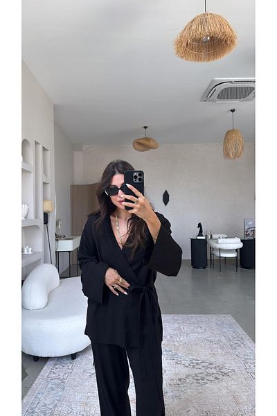 Buket Teke Black Double Breasted Linen Premium More Suit