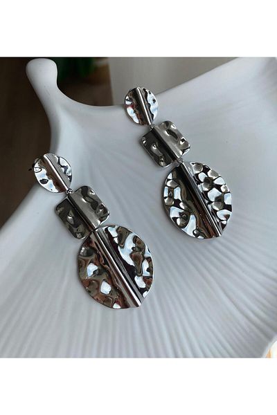 marsel aksesuar Silver Color Earrings with Crushed Plate Dangle