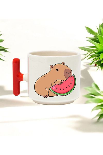 BB TRADE Capybara Watermelon Designed Red t Handle Ceramic Printed Mug 250 ml
