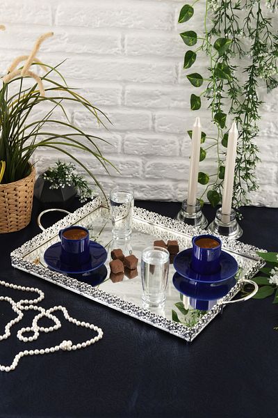 HELVACIOĞLU AKSESUAR Coffee, Tea, Chocolate Promise and Engagement Presentation Tray with Mirror and Handle 32X43 cm