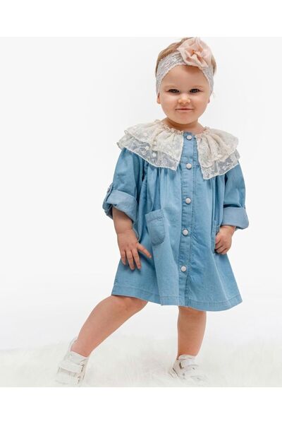 COLORFULLCLİPS Denim Lace Collar Girl's Dress-18-24 Months