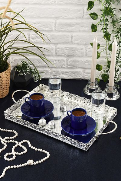 HELVACIOĞLU AKSESUAR Coffee, Tea, Chocolate Promise and Engagement Presentation Tray with Mirror and Handle 19X31 cm